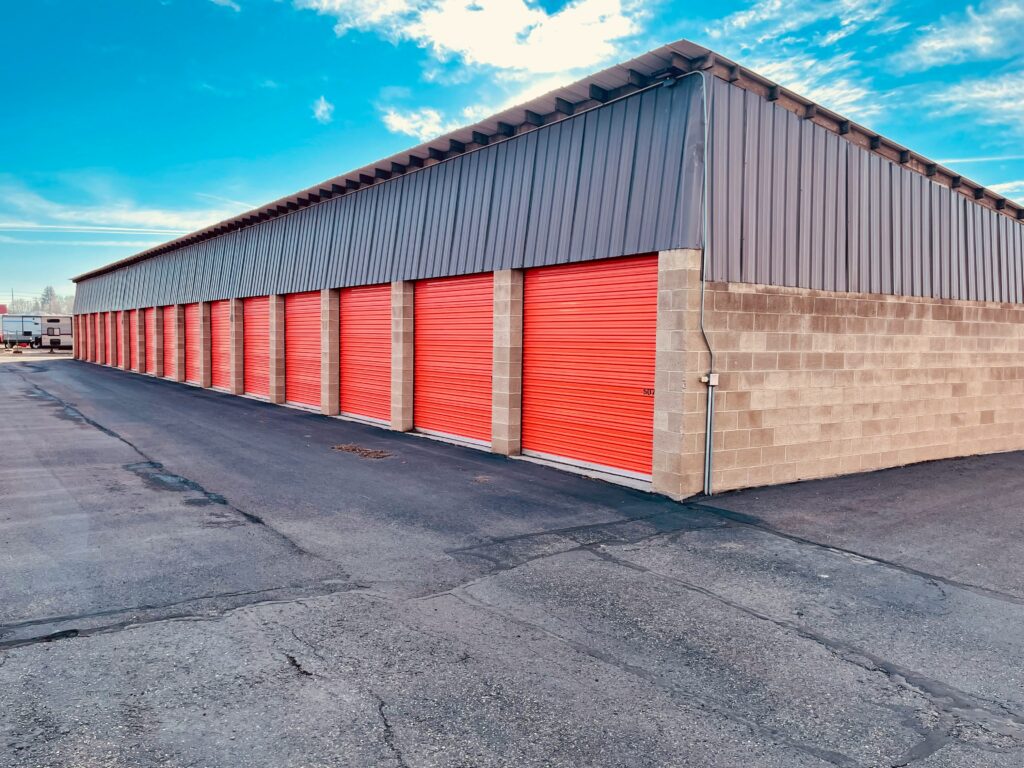 Red garage doors at storage facility